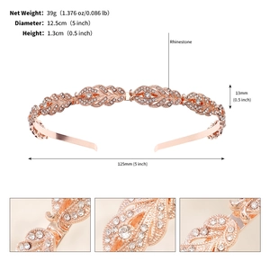 Detailed size chart for rose gold rhinestone crown headband showing weight and dimensions