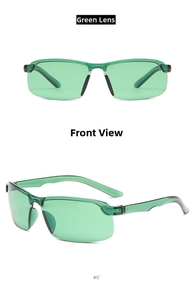 Front and 45-degree side view of green rimless sports sunglasses with green lenses