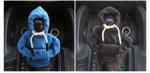 Detailed view of creative mini hoodie car gear shift covers in blue and black soft fabric
