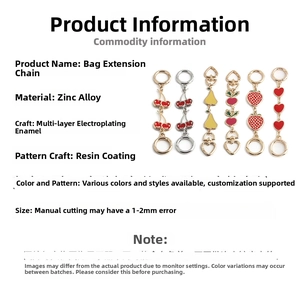 Detail of zinc alloy bag extension chain with cherry and strawberry enamel charms