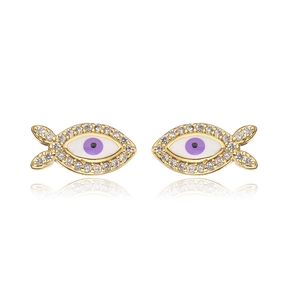 Detailed macro view of 18K gold fish-shaped earrings with purple evil eye and zircon stones