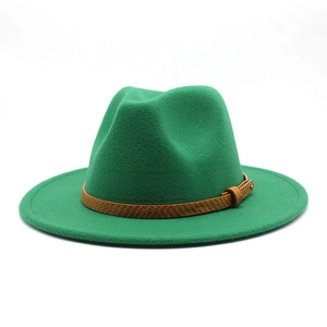 Detail of green wool felt fedora featuring a brown woven leather belt with metal buckle