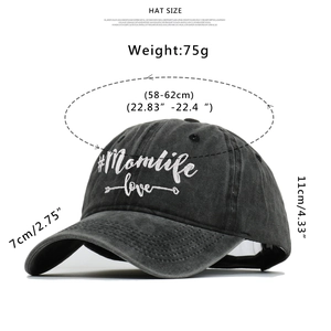 Detailed size chart of washed cotton baseball cap with embroidered Mom Life lettering