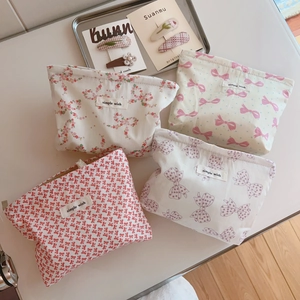 Women Cosmetic Makeup Bag Cotton Canvas Zipper Pouch Bow Floral Print Sweet Small Travel Toiletry Organizer Handheld