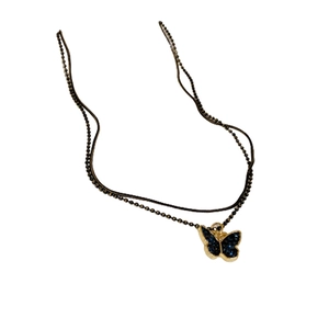 Double-layered beaded choker necklace with dark style butterfly pendant for women
