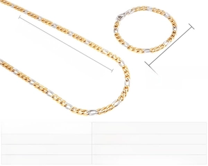 Two-tone stainless steel curb chain set with detailed necklace and bracelet dimensions
