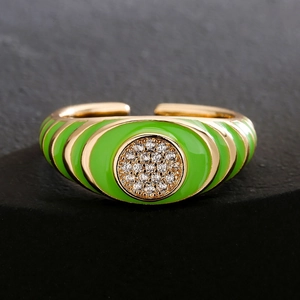 Vintage 18K gold plated copper ring with green enamel, zircon and adjustable opening