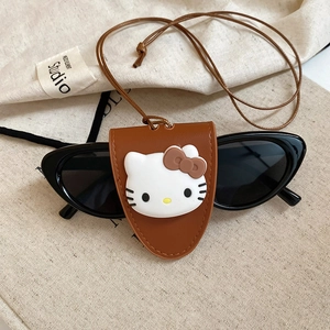 Close-up of brown faux leather cartoon cat glasses pouch with long neck strap