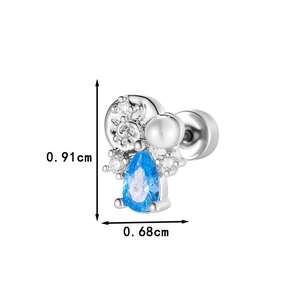 Blue zircon teardrop and pearl conch seashell stud earring in silver finish