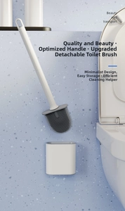 Macro detail of silicone toilet brush with wall-mounted storage box and ergonomic handle