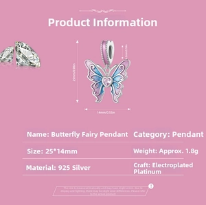 Macro view of S925 silver butterfly charm with gradient enamel and pink heart zirconia