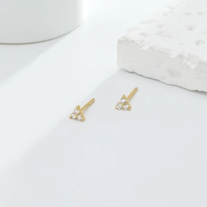 Minimalist S925 sterling silver triangle stud earrings with three sparkling zircons