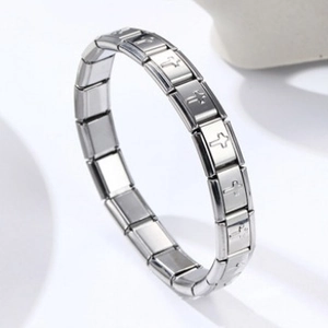 Stainless steel modular link bracelet with engraved silver cross charms for a modern look