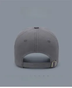 Detail view of cotton baseball cap back with adjustable metal buckle and color options