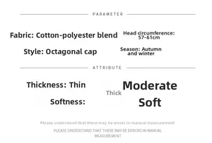 Size and material details for knitted newsboy hat made from cotton polyester blend fabric
