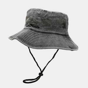 Vintage Washed Cotton Bucket Hat Wide Brim Outdoor Sun Hat With Adjustable Windproof Rope For Fishing Hiking Travel