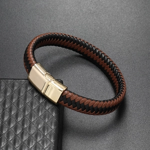 Braided leather bracelet for men with gold magnetic clasp on black gift box