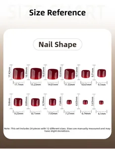 Size chart showing 24 pieces and 12 dimensions for red press-on toe nails for women