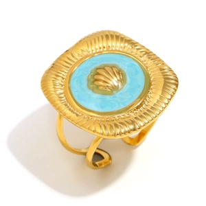 Vintage 18K gold plated stainless steel square ring with blue enamel and shell design