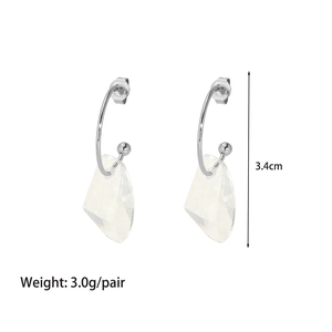Detail view of silver irregular hoop earrings with clear geometric pendants 3.4cm 3.0g