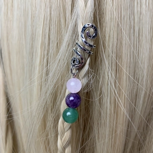 Silver spiral dreadlock accessory with pink, purple, and green natural amethyst beads