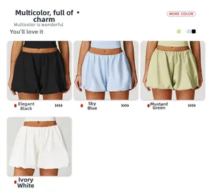 Detailed grid of loose yoga shorts in black, sky blue, mustard green and ivory white
