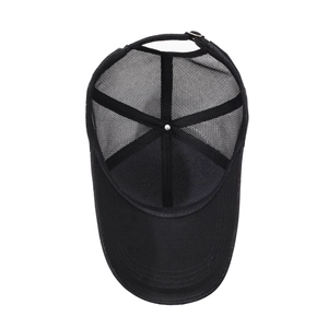 Breathable black mesh baseball cap for men featuring adjustable metal buckle and wide brim