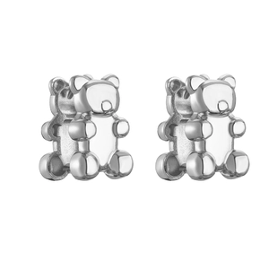 Polished silver metal 3D bear earrings with high-gloss finish on a white background