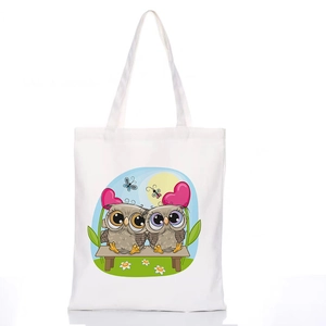 Women Canvas Tote Bag Cartoon Owl Print Eco Friendly Reusable Shopping Handbag Casual Shoulder Bag For Daily Use