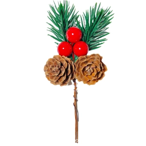 Christmas pine needle pick with red berries and natural pine cones on white background