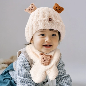 Plush beige baby hat and scarf set with cute bear ears for warm winter comfort