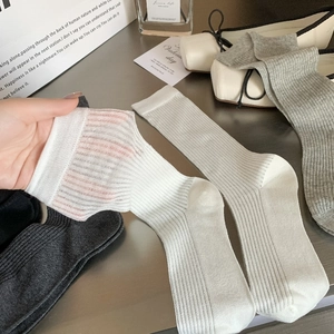 Breathable vertical striped calf socks for women in gray and white with sheer texture