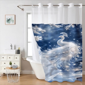 Waterproof double-layer shower curtain featuring white peacock art and star sky print