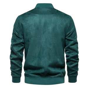 Vue arrière du blouson bomber en daim vert foncé avec col et ourlet côtelés texturés