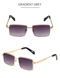 Detail of square sunglasses with gold metal frame and gradient grey lenses
