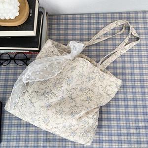 Floral canvas tote bag with white lace trim and vintage blue flower pattern for women