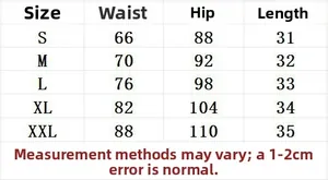 Size chart for women's ripped denim shorts detailing waist, hip, and length measurements