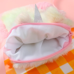 Rainbow plush unicorn crossbody bag for girls showing spacious inner compartment