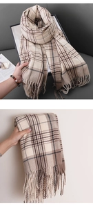 Detail of soft beige brown plaid scarf with tassels showing fringe texture and woven material