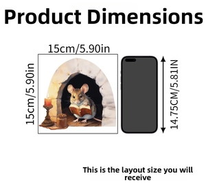 Size guide showing 15x15cm mouse hole wall sticker next to a smartphone for scale
