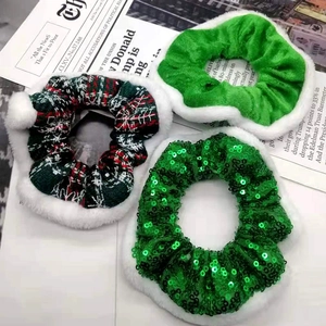 Christmas Scrunchies Hair Ties Sequin Velvet Plaid Fabric With White Plush Fur Edge Snowflake Holiday Hair Accessories
