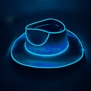Detail of blue LED lighting effects on metallic fabric of a glowing cowboy hat