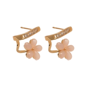 Elegant 18k gold plated flower stud earrings with pink petals and sparkling cubic zirconia