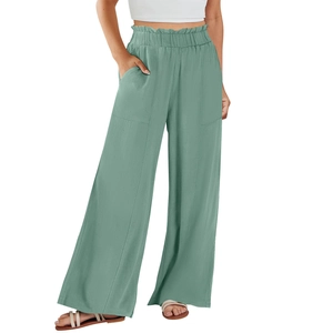 Pantaloni larghi da donna in cotone e lino verde fagiolo con vita alta elastica e tasche