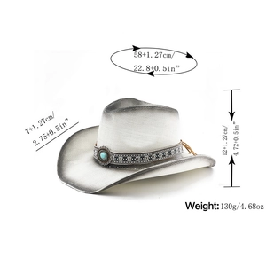 Detail showing dimensions of a white straw cowboy hat with ethnic band and turquoise stone