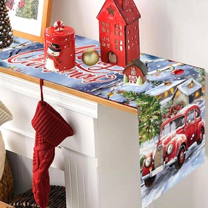 Christmas table runner with cartoon car design set on a festive white cabinet display