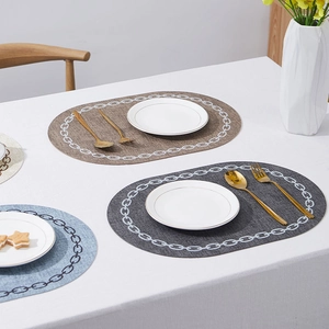 Oval leather placemats with chain patterns in brown, blue, and gray on a dining table
