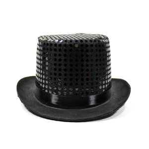 Detail of black sequined top hat featuring a shiny finish and elegant satin ribbon trim