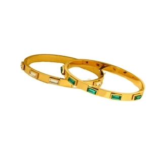 Polished gold plated stainless steel bracelets with baguette cut emerald and clear stones