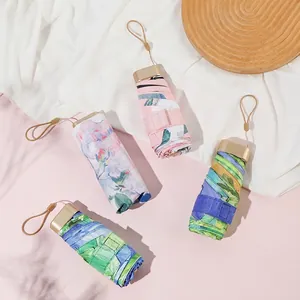 Artistic oil painting style ultra-light portable six-fold folding sun and rain umbrella